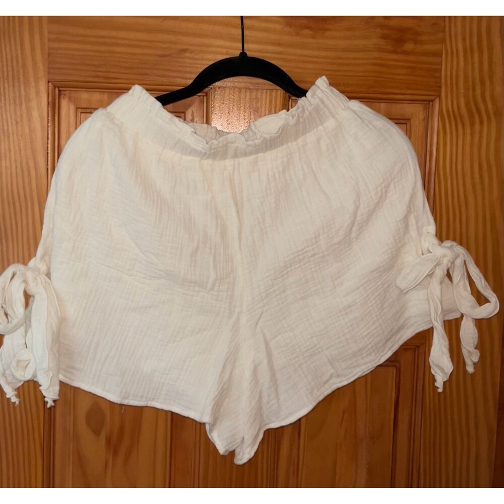 White Cotton Linen Blend High-Waisted Gauze Shorts, Size Small